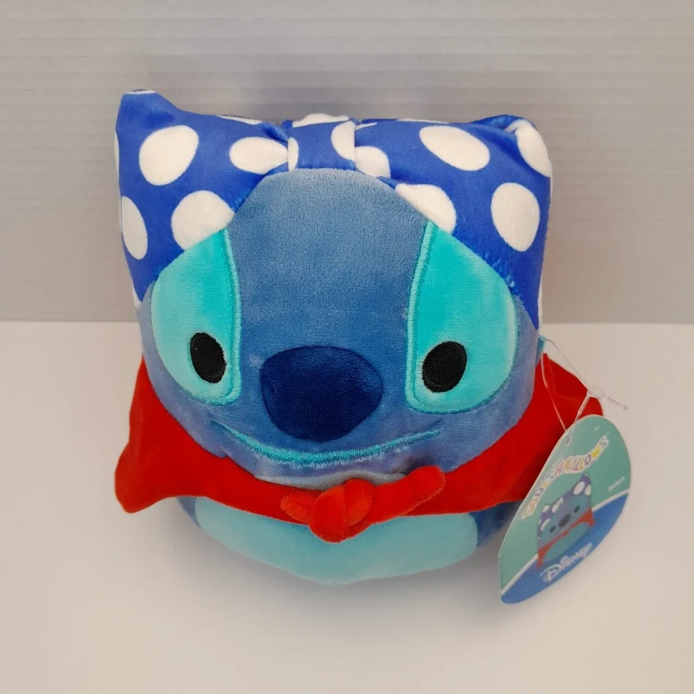 Squishmallows Disney Stitch Plush Blue Polka Dot Headband Red Cape 6 inch NWT